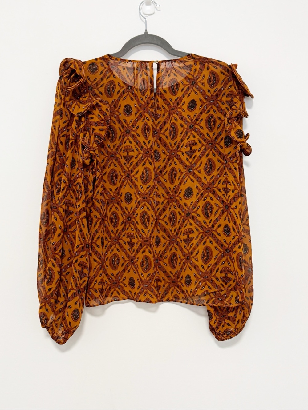 Ulla Johnson Medine Blouse in Ochre Silk Ruffle Orange Printed Size 4 - Picture 3 of 6